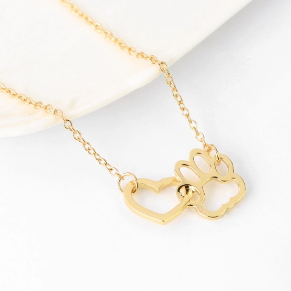 Gold Tone Interlocking Heart & Paw Print Necklace - Picture 6 of 7